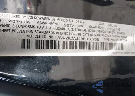 2011 Volkswagen Jetta 2.0L S из США, поврежденный, VIN 3VW2K7AJ4BM016735